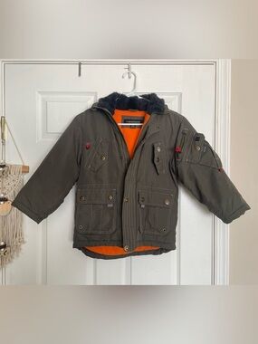 1 Madison Olive Green Kids size L/7 Puffer Jacket with Orange Lining Winter Coat